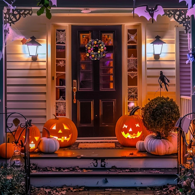Alt view image 5 of 7 - Halloween Decorations 12" Pumpkin Wreath for Front Door | Pre-Lit 60ct Shatterproof Treat-or-Trick Ball Ornaments Wreath for Centerpiece Wall Indoor Home Party Decor