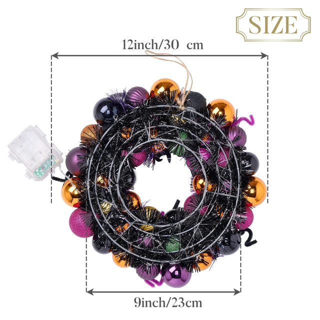 Alt view image 6 of 7 - Halloween Decorations 12" Pumpkin Wreath for Front Door | Pre-Lit 60ct Shatterproof Treat-or-Trick Ball Ornaments Wreath for Centerpiece Wall Indoor Home Party Decor