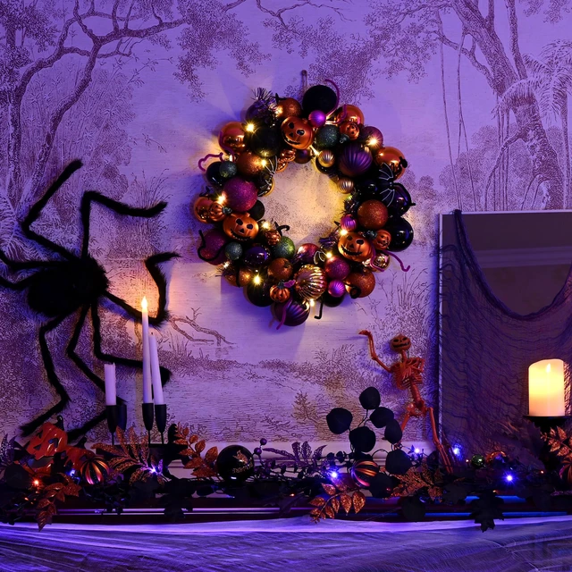 Alt view image 2 of 7 - Halloween Decorations 12" Pumpkin Wreath for Front Door | Pre-Lit 60ct Shatterproof Treat-or-Trick Ball Ornaments Wreath for Centerpiece Wall Indoor Home Party Decor