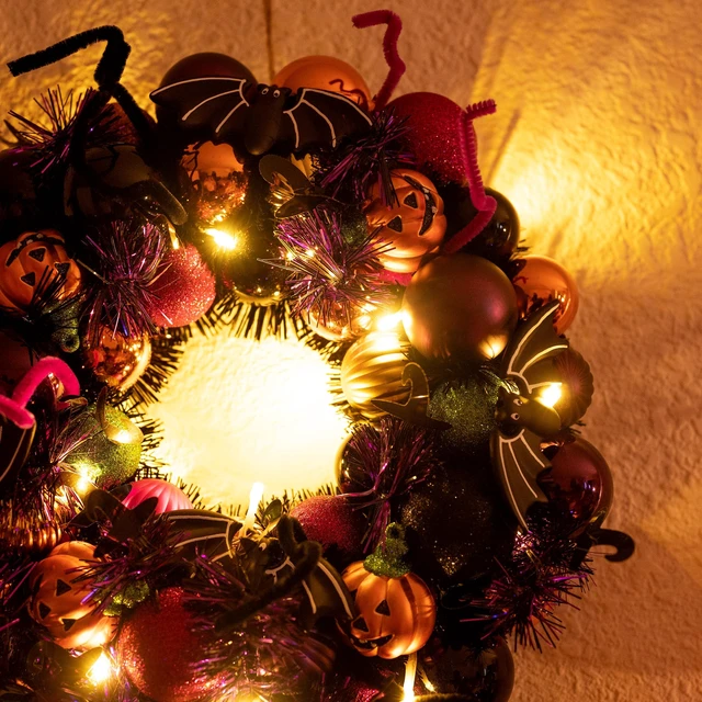 Alt view image 7 of 7 - Halloween Decorations 12" Pumpkin Wreath for Front Door | Pre-Lit 60ct Shatterproof Treat-or-Trick Ball Ornaments Wreath for Centerpiece Wall Indoor Home Party Decor