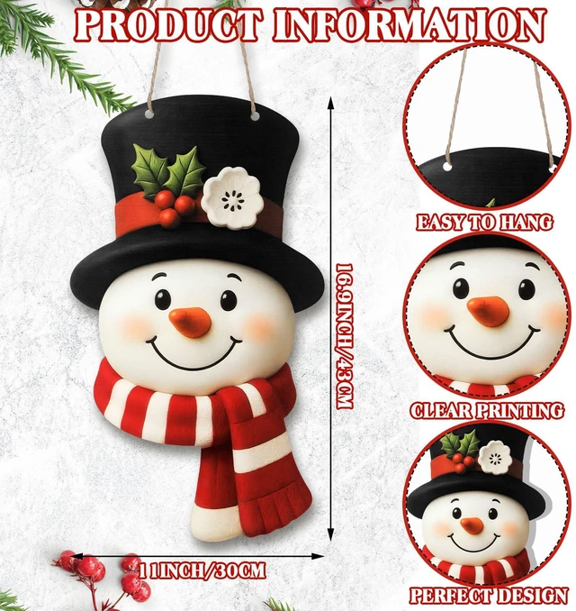 Alt view image 2 of 6 - Christmas Snowman Wooden Hanging Sign Snowman Door Wreath Cute | Christmas Door Welcome Decoration, Farmhouse Rustic Wreath, Xmas Party Indoor Outdoor Home Wall Window Front Door Decor