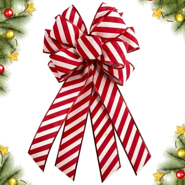 Main image of Christmas Wreath Bow 20 x 11 Inches Large Christmas Bows White Red Stripes Burlap Bow Holiday DIY Craft Bow Xmas Tree Topper Ornament for Home Front Door Wedding Decorations