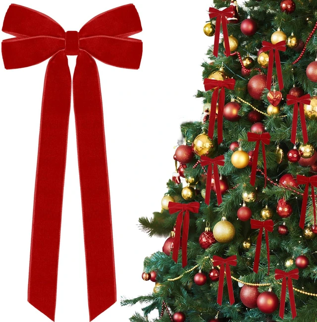 Main image of 12Pcs Red Velvet Ribbon Bows Christmas Tree Decorations,5in x 10in Xmas Ornaments for Tree Home Party Front Door Wreath Holiday Decor