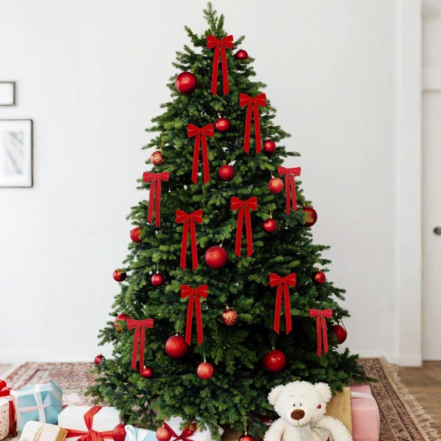 Alt view image 4 of 6 - 12Pcs Red Velvet Ribbon Bows Christmas Tree Decorations,5in x 10in Xmas Ornaments for Tree Home Party Front Door Wreath Holiday Decor