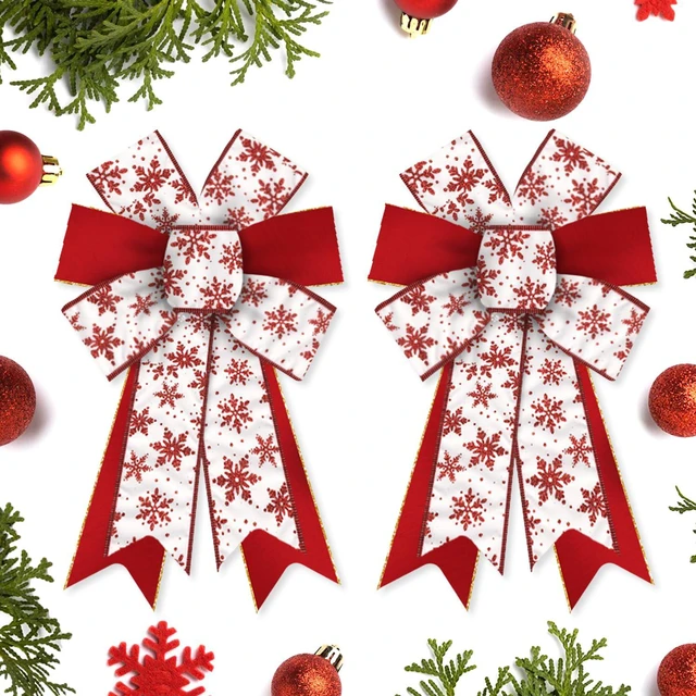 Main image of 2 Pieces Christmas Bows for Wreath, Christmas Wreath Bow Glitter Red White Snowflake Bows Winter Xmas Tree Craft Bows Ornaments for Front Door New Year Christmas Party Decoration Supplies