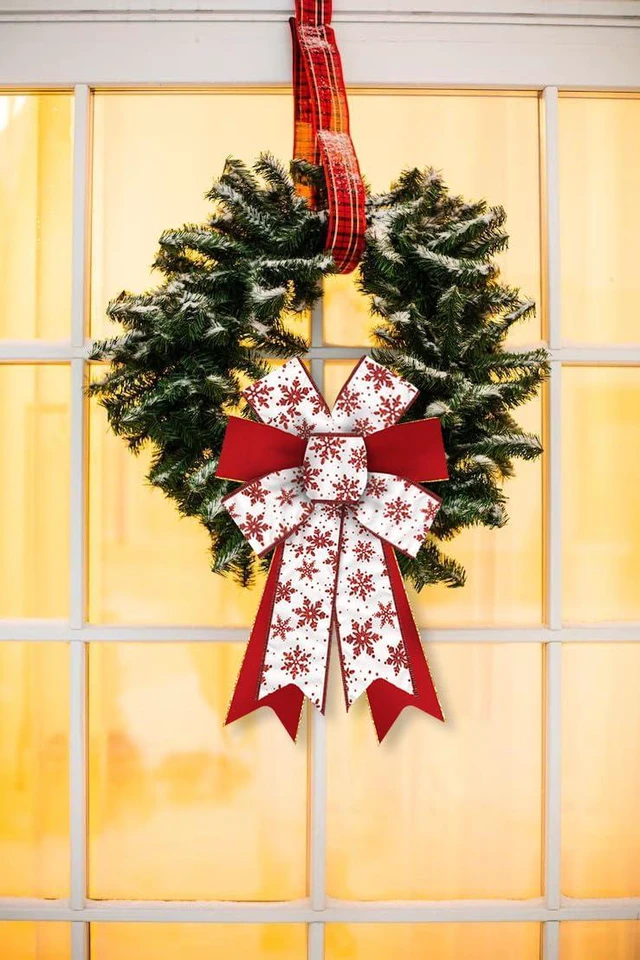 Alt view image 4 of 6 - 2 Pieces Christmas Bows for Wreath, Christmas Wreath Bow Glitter Red White Snowflake Bows Winter Xmas Tree Craft Bows Ornaments for Front Door New Year Christmas Party Decoration Supplies