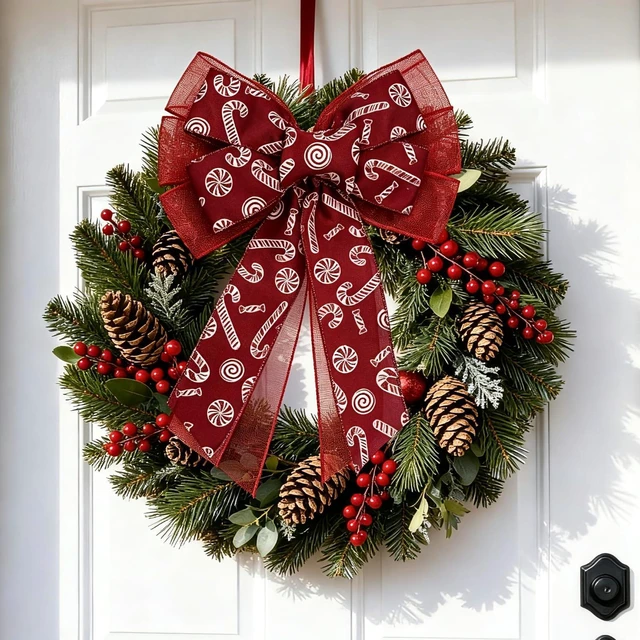 Alt view image 2 of 6 - Red Fabric Bows,11 Inch Big Wreath Bow for Holiday and Outdoor Decor | Red Christmas Bow for Door Tree Cabinets Decor, No Assembly Required, Well-defined Floral Shape, Vibrant Color 1 Pack