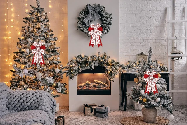 Alt view image 5 of 6 - 2 Pieces Christmas Bows for Wreath, Christmas Wreath Bow Glitter Red White Snowflake Bows Winter Xmas Tree Craft Bows Ornaments for Front Door New Year Christmas Party Decoration Supplies