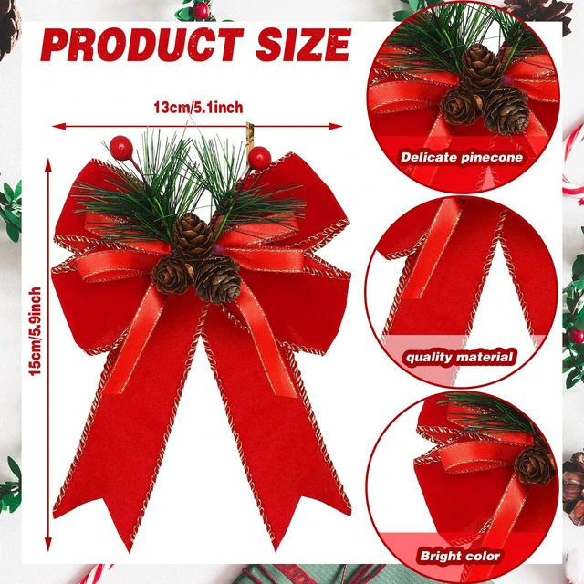 Alt view image 2 of 6 - 6 Pcs Christmas Bows Xmas Velvet Bows Tree Decor, Red | Red Christmas Decor, Christmas Decoration for Home Tree Ornament Party Front Door Wreath Garland DIY Crafts Holiday Decor