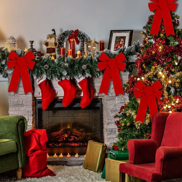 Alt view image 4 of 7 - 10 Pack Red Bows Christmas Tree Decorations,9x13Large Velvet Ornament Bow with Glitter Gold Edge for Xmas Home Wreath Fence Stairs Railing Fireplace Indoor Outdoor Front Door Decor
