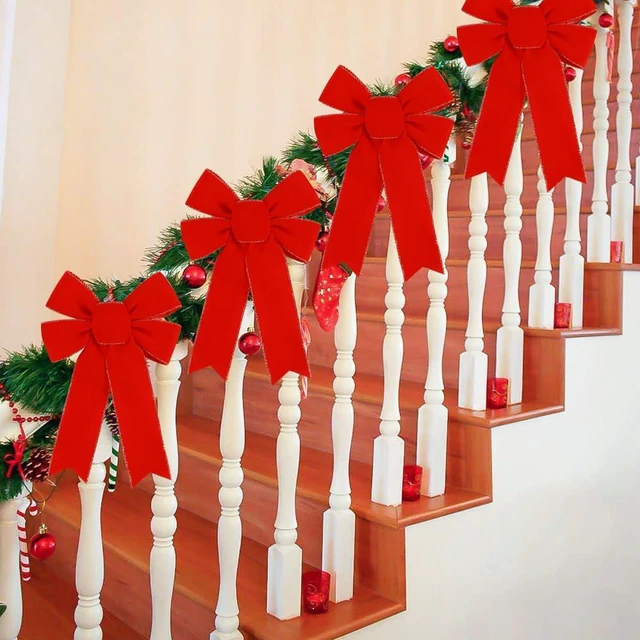 Alt view image 7 of 7 - 10 Pack Red Bows Christmas Tree Decorations,9x13Large Velvet Ornament Bow with Glitter Gold Edge for Xmas Home Wreath Fence Stairs Railing Fireplace Indoor Outdoor Front Door Decor