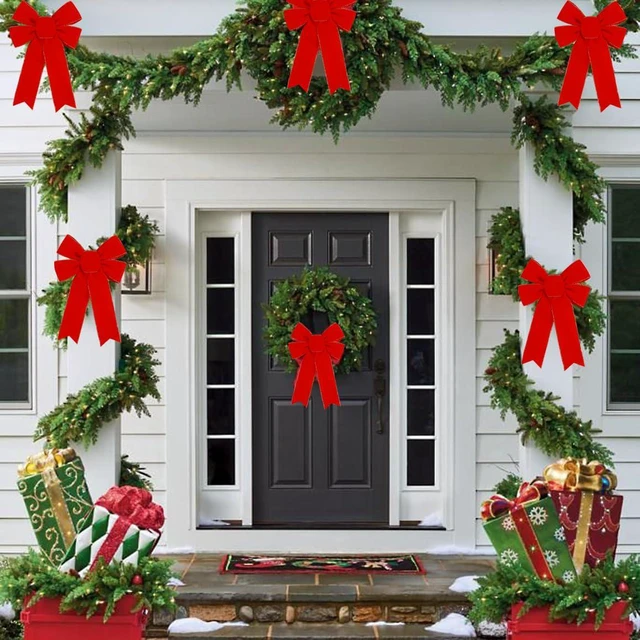 Alt view image 5 of 7 - 10 Pack Red Bows Christmas Tree Decorations,9x13Large Velvet Ornament Bow with Glitter Gold Edge for Xmas Home Wreath Fence Stairs Railing Fireplace Indoor Outdoor Front Door Decor