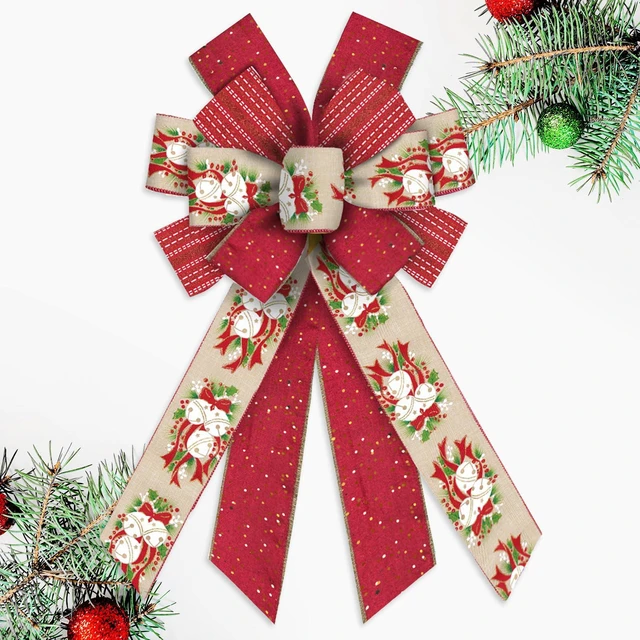Main image of Large Christmas Bows for Wreath, 11.42 inch × 20.86 inch Red and Beige Bow with Christmas Bells Holly Design, Wired Craft Bow for Holiday Tree Topper, Front Door,Indoor Decor