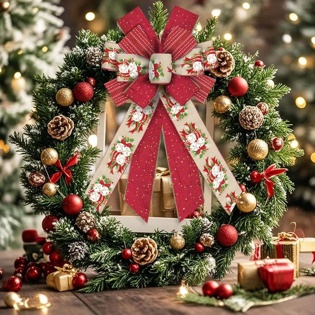 Alt view image 3 of 5 - Large Christmas Bows for Wreath, 11.42 inch × 20.86 inch Red and Beige Bow with Christmas Bells Holly Design, Wired Craft Bow for Holiday Tree Topper, Front Door,Indoor Decor