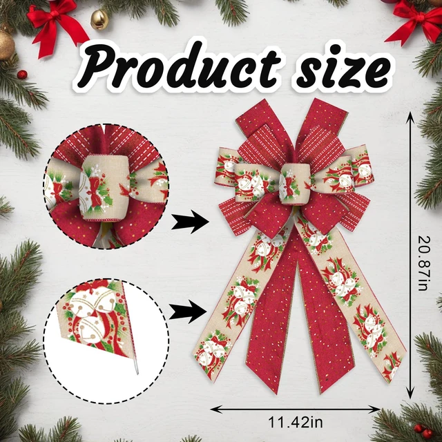 Alt view image 2 of 5 - Large Christmas Bows for Wreath, 11.42 inch × 20.86 inch Red and Beige Bow with Christmas Bells Holly Design, Wired Craft Bow for Holiday Tree Topper, Front Door,Indoor Decor