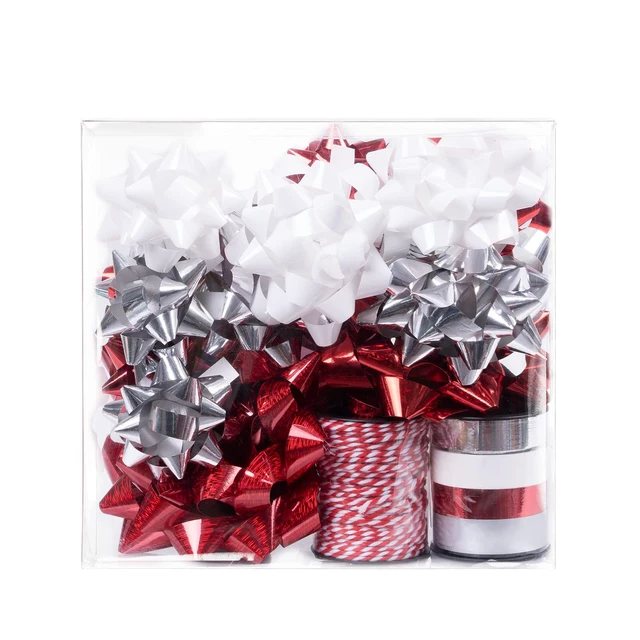 Alt view image 2 of 5 - 16 Pcs Gift Bows Assortment - 14 Multi Colored Assorted Size Gift Bows (Red, Silver, White), 1 Crimped Curling Ribbons and 1 Cotton Twine, Perfect for Christmas, Holiday, Party