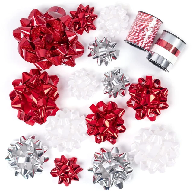 Main image of 16 Pcs Gift Bows Assortment - 14 Multi Colored Assorted Size Gift Bows (Red, Silver, White), 1 Crimped Curling Ribbons and 1 Cotton Twine, Perfect for Christmas, Holiday, Party