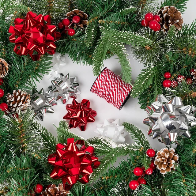 Alt view image 4 of 5 - 16 Pcs Gift Bows Assortment - 14 Multi Colored Assorted Size Gift Bows (Red, Silver, White), 1 Crimped Curling Ribbons and 1 Cotton Twine, Perfect for Christmas, Holiday, Party