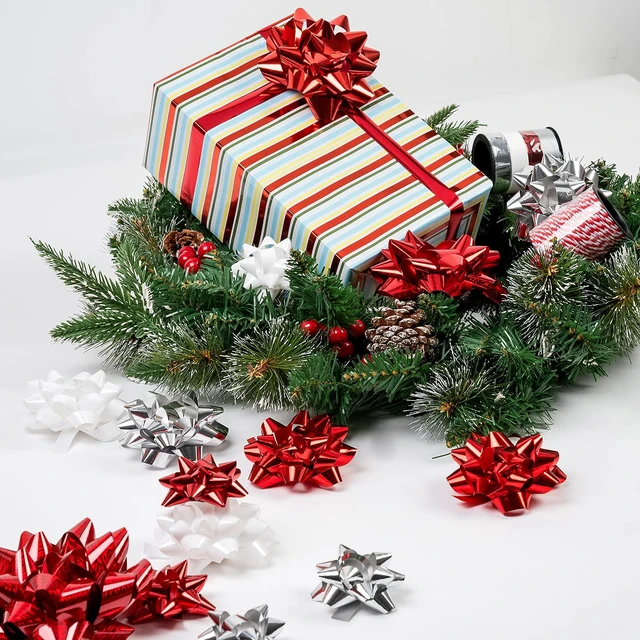 Alt view image 5 of 5 - 16 Pcs Gift Bows Assortment - 14 Multi Colored Assorted Size Gift Bows (Red, Silver, White), 1 Crimped Curling Ribbons and 1 Cotton Twine, Perfect for Christmas, Holiday, Party