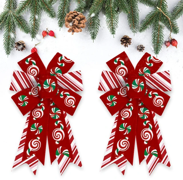 Main image of 2 Pieces Christmas Bows for Wreath, Merry Christmas Wreath Bows Red Burlap Bows Xmas Candy Craft Bows Ornaments Winter Tree Bows for Front Door Christmas New Year Decorations