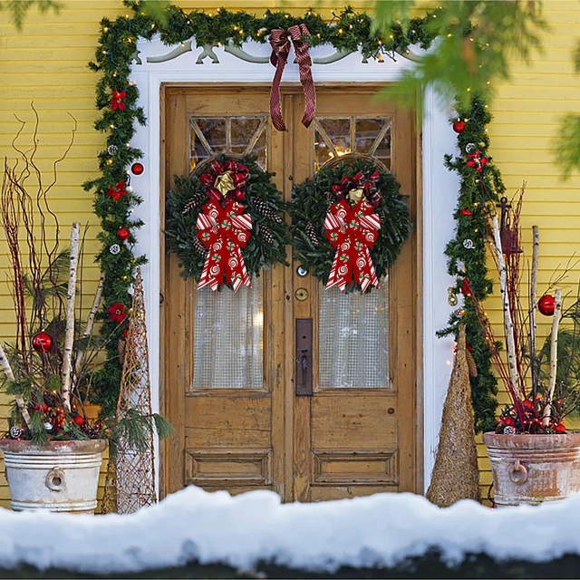 Alt view image 3 of 7 - 2 Pieces Christmas Bows for Wreath, Merry Christmas Wreath Bows Red Burlap Bows Xmas Candy Craft Bows Ornaments Winter Tree Bows for Front Door Christmas New Year Decorations