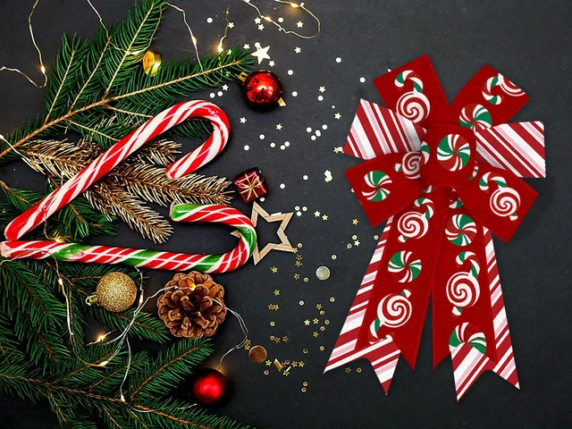 Alt view image 5 of 7 - 2 Pieces Christmas Bows for Wreath, Merry Christmas Wreath Bows Red Burlap Bows Xmas Candy Craft Bows Ornaments Winter Tree Bows for Front Door Christmas New Year Decorations