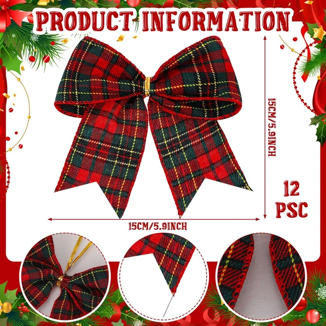 Alt view image 2 of 7 - 12 Pcs Christmas Buffalo Plaid Bows Decorations 6 Inch | Christmas Check Plaid Bows, Tie Bow Wreaths Ornaments, Xmas Tree Garland DIY Crafts, Home Indoor Outdoor, Red Plaid