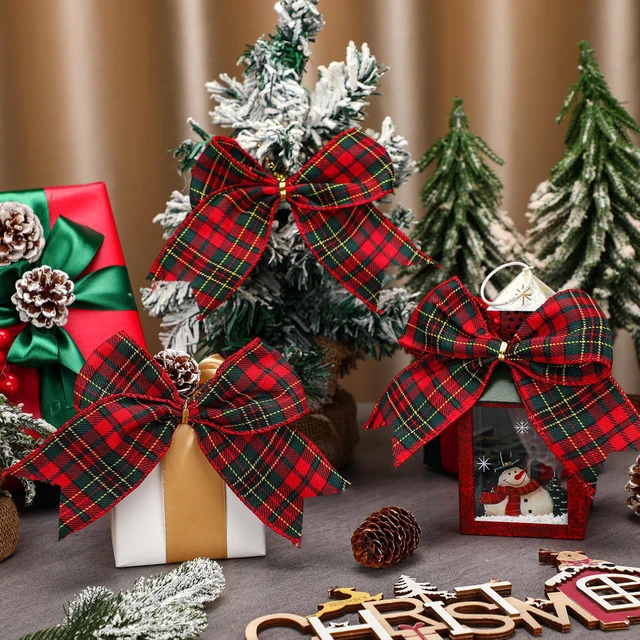 Alt view image 3 of 7 - 12 Pcs Christmas Buffalo Plaid Bows Decorations 6 Inch | Christmas Check Plaid Bows, Tie Bow Wreaths Ornaments, Xmas Tree Garland DIY Crafts, Home Indoor Outdoor, Red Plaid