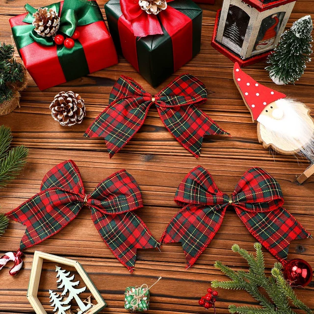 Alt view image 4 of 7 - 12 Pcs Christmas Buffalo Plaid Bows Decorations 6 Inch | Christmas Check Plaid Bows, Tie Bow Wreaths Ornaments, Xmas Tree Garland DIY Crafts, Home Indoor Outdoor, Red Plaid
