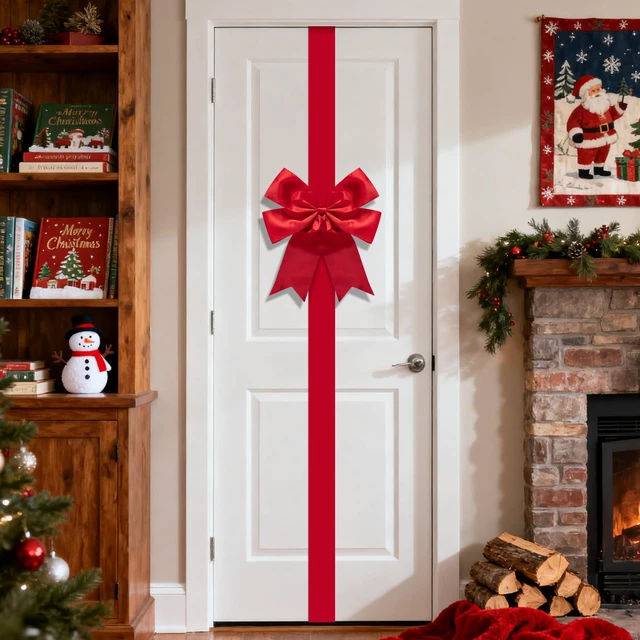 Alt view image 5 of 7 - 14 Ft Extra Large Christmas Front Door Warpping Bow, Giant Xmas Bow Decor | Adjustable Red Christmas Doors Ribbon Bow with Buckle, Christmas Door Wreath Bows for Cabinet Door Home Festival Decor
