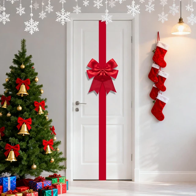 Alt view image 6 of 7 - 14 Ft Extra Large Christmas Front Door Warpping Bow, Giant Xmas Bow Decor | Adjustable Red Christmas Doors Ribbon Bow with Buckle, Christmas Door Wreath Bows for Cabinet Door Home Festival Decor