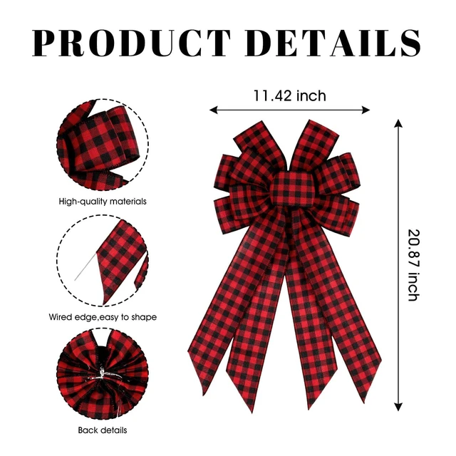 Alt view image 2 of 4 - Large Buffalo Plaid Bow with Wired Edge, 11x20 Inch Red Black Farmhouse Wreath Bow Pre-Made Lumberjack Christmas Front Door Indoor Outdoor Decor