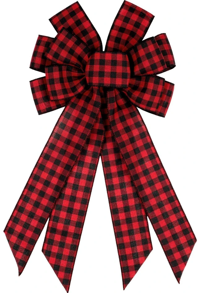 Main image of Large Buffalo Plaid Bow with Wired Edge, 11x20 Inch Red Black Farmhouse Wreath Bow Pre-Made Lumberjack Christmas Front Door Indoor Outdoor Decor