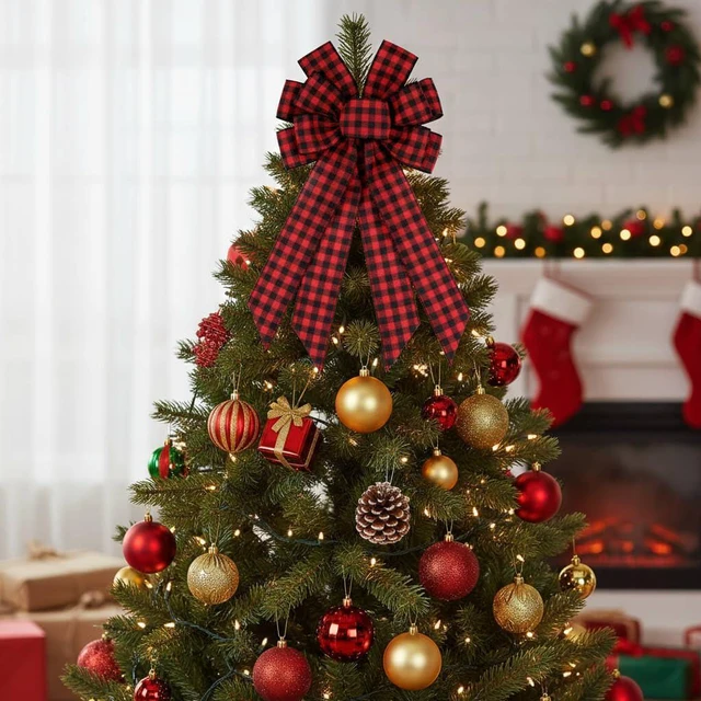 Alt view image 3 of 4 - Large Buffalo Plaid Bow with Wired Edge, 11x20 Inch Red Black Farmhouse Wreath Bow Pre-Made Lumberjack Christmas Front Door Indoor Outdoor Decor