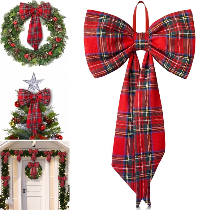 Main image of Large Christmas Bows for Wreath, Vintage Red Buffalo Plaid Wreath Bow | 12'' x 20'', Tartan Plaid Xmas Bow, for Front Door, Classic Xmas Ornament, Tree Topper, Mantel Stair Railing Indoor Outdoor