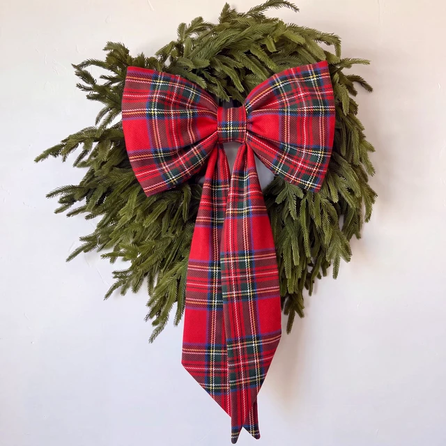 Alt view image 2 of 7 - Large Christmas Bows for Wreath, Vintage Red Buffalo Plaid Wreath Bow | 12'' x 20'', Tartan Plaid Xmas Bow, for Front Door, Classic Xmas Ornament, Tree Topper, Mantel Stair Railing Indoor Outdoor