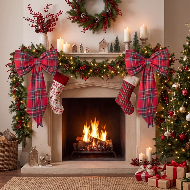 Alt view image 4 of 7 - Large Christmas Bows for Wreath, Vintage Red Buffalo Plaid Wreath Bow | 12'' x 20'', Tartan Plaid Xmas Bow, for Front Door, Classic Xmas Ornament, Tree Topper, Mantel Stair Railing Indoor Outdoor