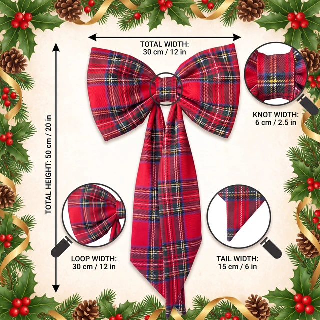 Alt view image 3 of 7 - Large Christmas Bows for Wreath, Vintage Red Buffalo Plaid Wreath Bow | 12'' x 20'', Tartan Plaid Xmas Bow, for Front Door, Classic Xmas Ornament, Tree Topper, Mantel Stair Railing Indoor Outdoor