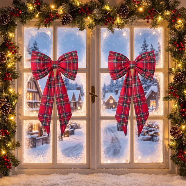 Alt view image 6 of 7 - Large Christmas Bows for Wreath, Vintage Red Buffalo Plaid Wreath Bow | 12'' x 20'', Tartan Plaid Xmas Bow, for Front Door, Classic Xmas Ornament, Tree Topper, Mantel Stair Railing Indoor Outdoor