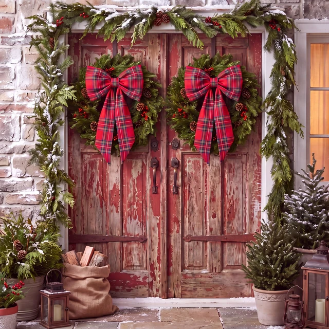 Alt view image 7 of 7 - Large Christmas Bows for Wreath, Vintage Red Buffalo Plaid Wreath Bow | 12'' x 20'', Tartan Plaid Xmas Bow, for Front Door, Classic Xmas Ornament, Tree Topper, Mantel Stair Railing Indoor Outdoor