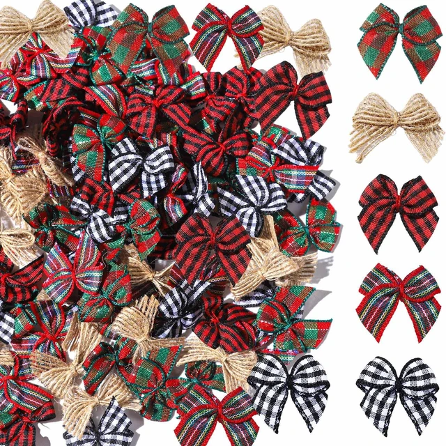 Main image of 100 PCS Mini Christmas Bows, Small Plaid Ribbon Bows for Crafts, 1 Inch Tiny Buffalo Plaid Burlap Bows for Christmas Decor, Gift Wrapping, Christmas Tree Ornament Bows