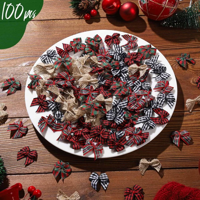 Alt view image 5 of 7 - 100 PCS Mini Christmas Bows, Small Plaid Ribbon Bows for Crafts, 1 Inch Tiny Buffalo Plaid Burlap Bows for Christmas Decor, Gift Wrapping, Christmas Tree Ornament Bows