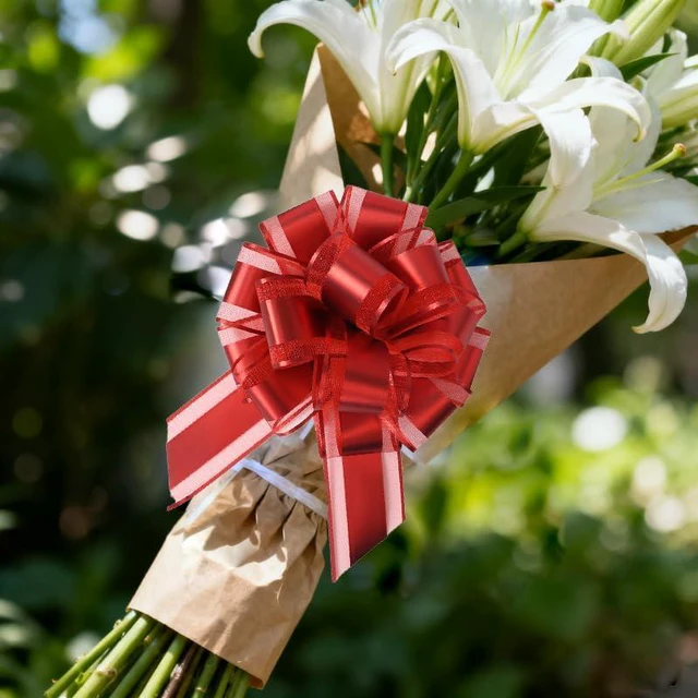Alt view image 6 of 7 - 10-Pack Red Pull Bows for Gift Wrapping - 6 Inch PP Gift Bows | Reusable Ribbon Gift Bows, Large Instant Floral Decor Bow for Wedding, Christmas, Birthday, Gift Basket & Party Decorations