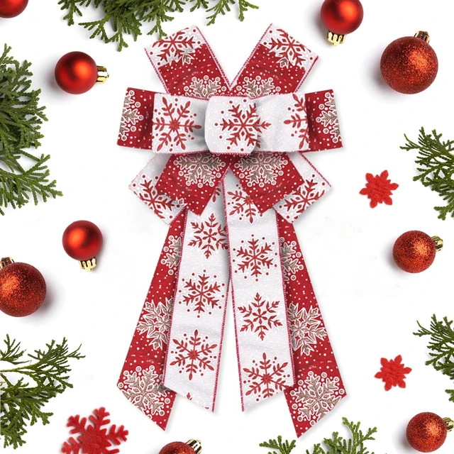 Main image of Large Christmas Bows for Wreath, Christmas Wreath Bow Glitter Red White Burlap Bows Xmas Snowflake Craft Bows Ornaments for Front Door New Year Christmas Party Decoration Supplies
