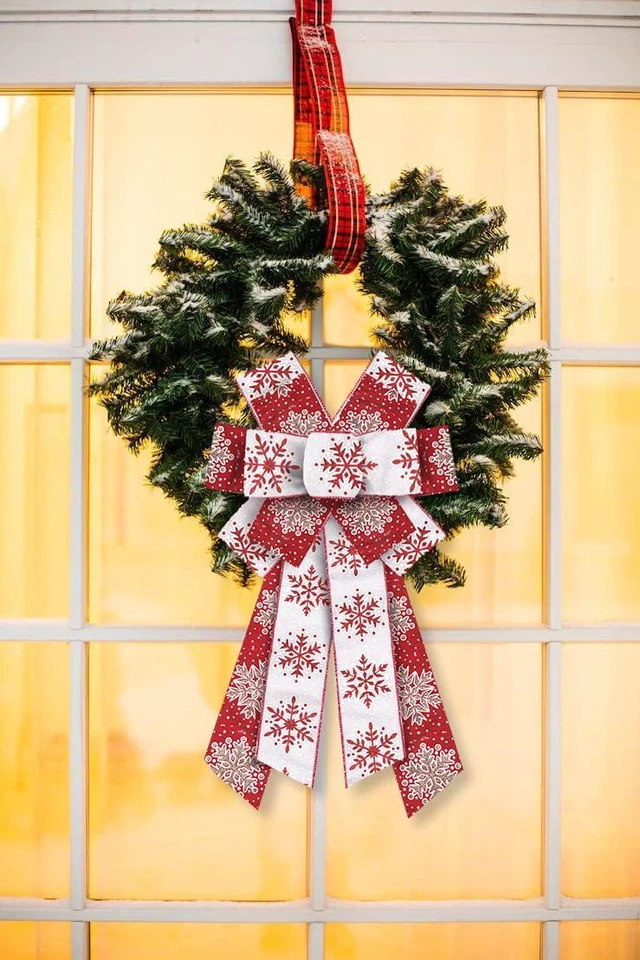 Alt view image 4 of 6 - Large Christmas Bows for Wreath, Christmas Wreath Bow Glitter Red White Burlap Bows Xmas Snowflake Craft Bows Ornaments for Front Door New Year Christmas Party Decoration Supplies