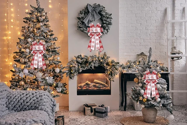 Alt view image 3 of 6 - Large Christmas Bows for Wreath, Christmas Wreath Bow Glitter Red White Burlap Bows Xmas Snowflake Craft Bows Ornaments for Front Door New Year Christmas Party Decoration Supplies