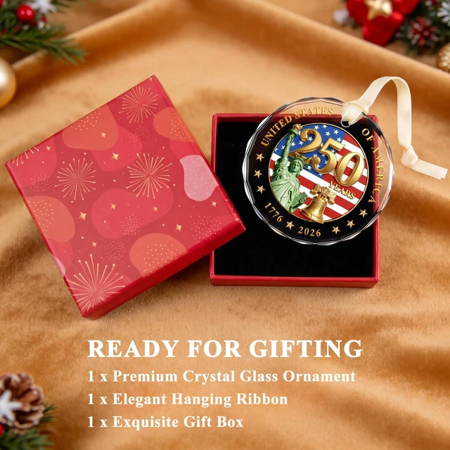 Alt view image 5 of 7 - 250 Anniversary USA Ornament, Crystal Glass Patriotic Christmas Ornament | 1776-2026 Keepsake with Liberty Bell, Statue of Liberty & US Flag for Veterans Day, 4th of July Decorations & Holiday Gifting