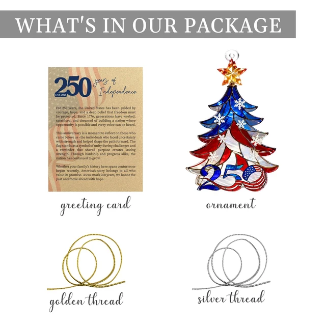 Alt view image 5 of 7 - 250 Anniversary USA Christmas Ornament, Christmas Decorations, America Gift | 2D Acrylic, 4.4"x2.8", Suncatcher Effect, 250 Anniversary USA Card Included
