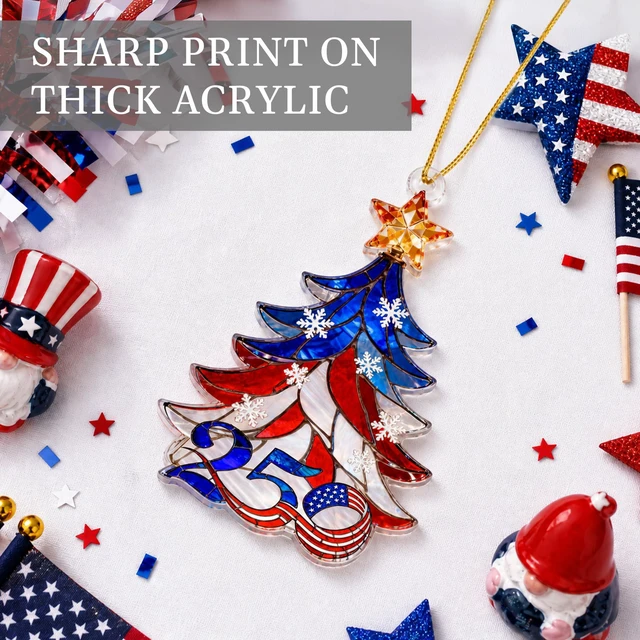 Alt view image 4 of 7 - 250 Anniversary USA Christmas Ornament, Christmas Decorations, America Gift | 2D Acrylic, 4.4"x2.8", Suncatcher Effect, 250 Anniversary USA Card Included