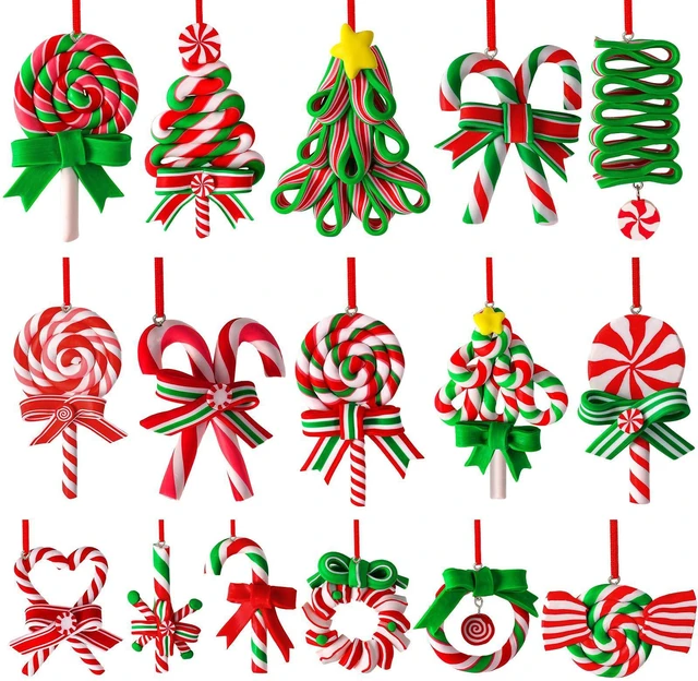 Main image of 16Pcs Christmas Lollipop Ornaments, Candy Christmas Tree Decorations | Colorful Mini Candy Cane Hanging Ornaments, Polymer Clay Peppermint Pendants, for Xmas Tree Party Home Decorations